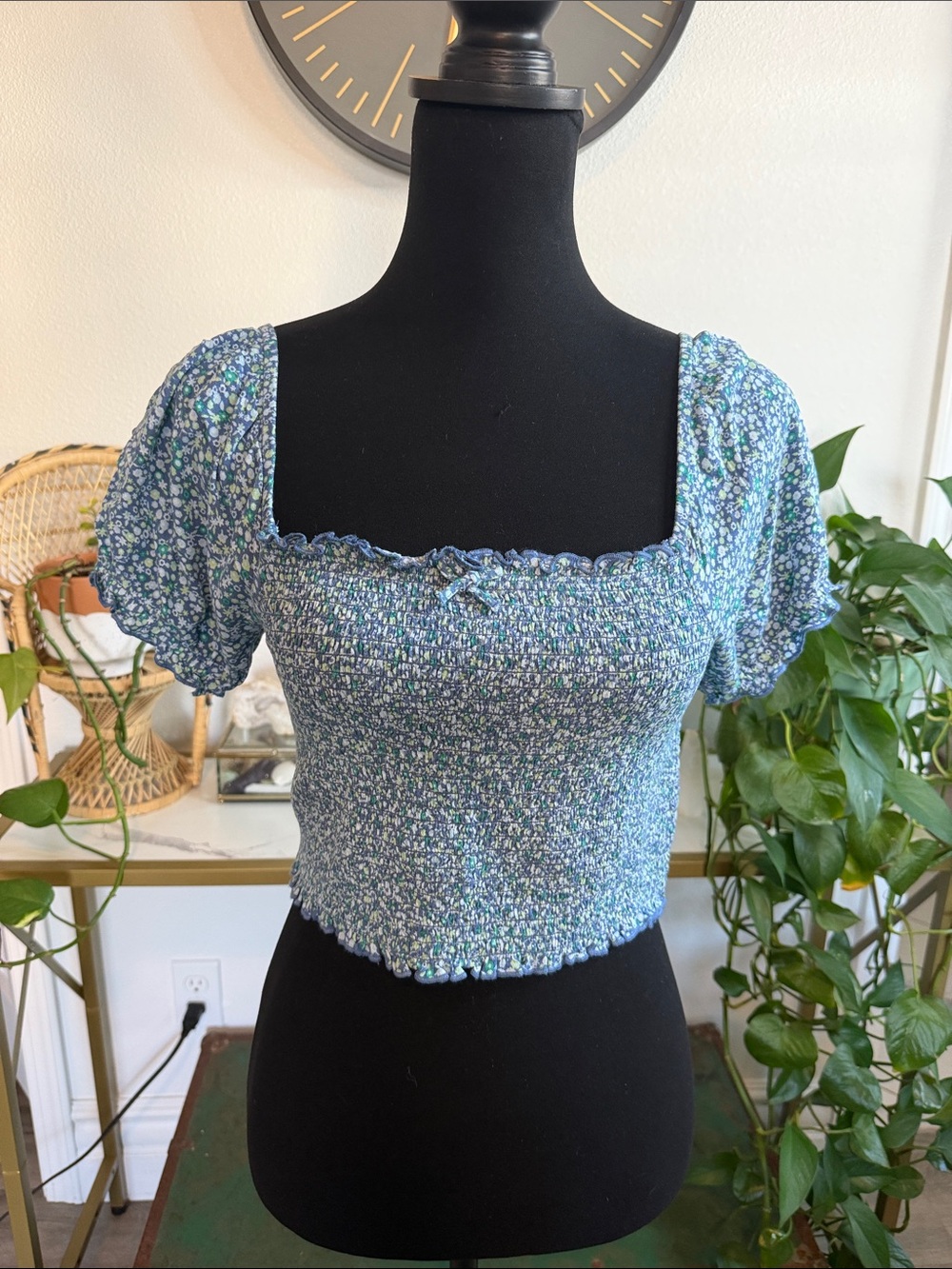aerie Blue Floral Smocked Square-Neck Crop Top
